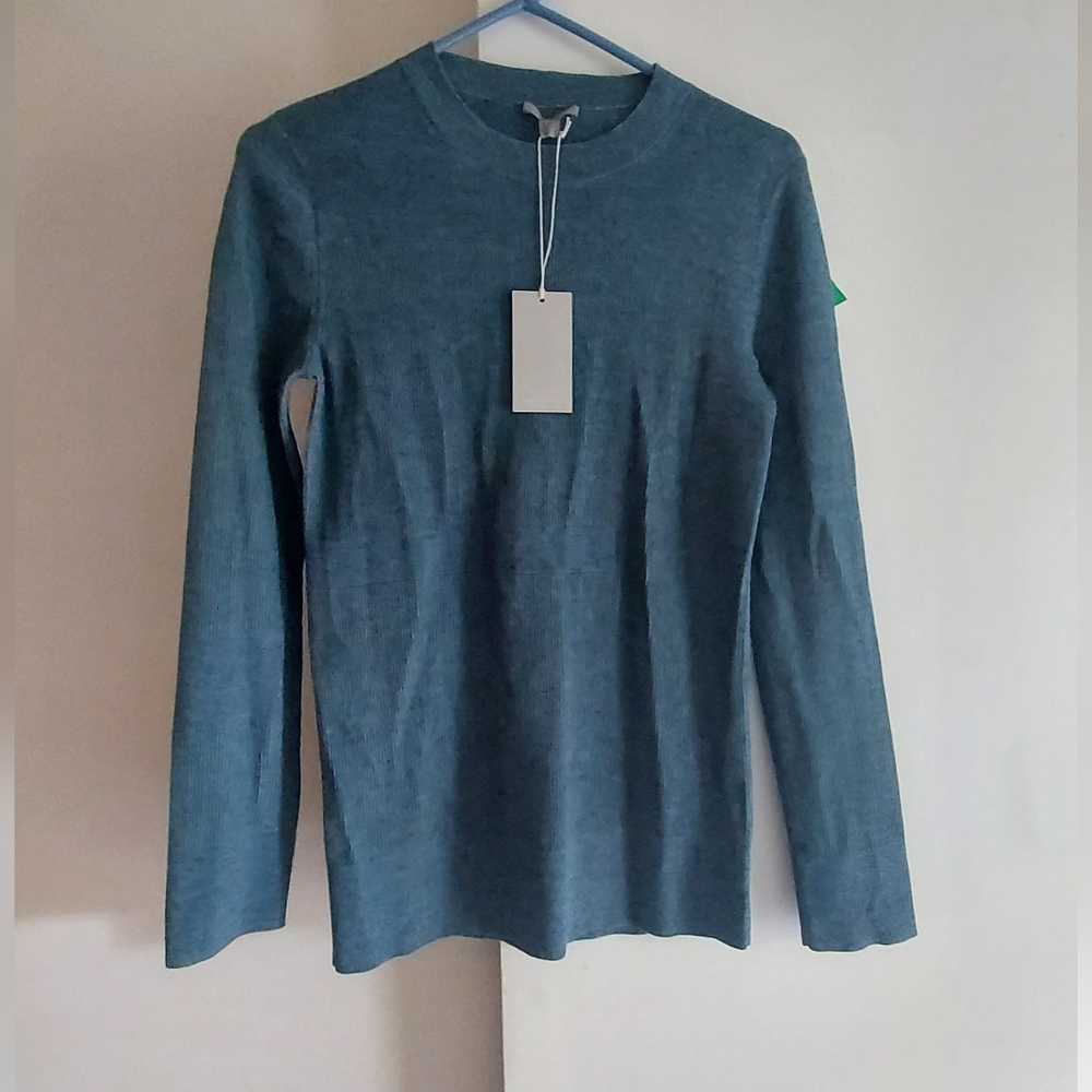 COS stretch shimmer blue long sleeve abstract blouse crew patchwork
